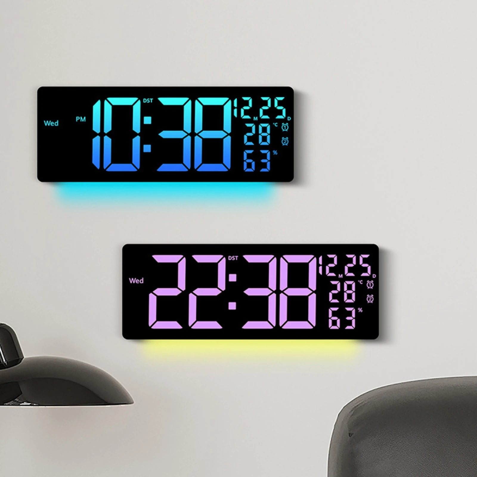 Digital Wall Clock Multi-Function LED Wall Clock High-Contrast Multicolor for Living Room, Office