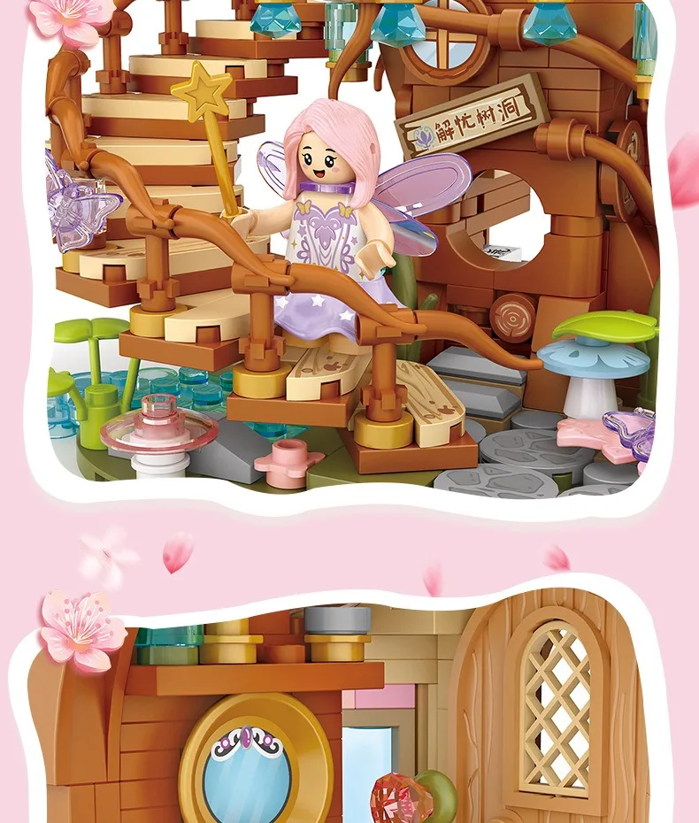 Diy casa de árvore de flor de cerejeira com partículas em miniatura montado bloco de construção modelo brinquedo bonito presente da menina brinquedo das crianças