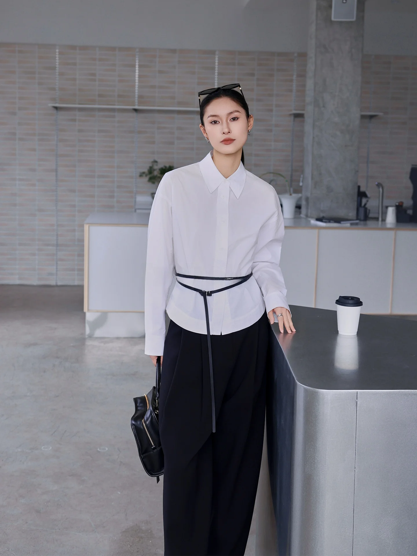 

Slimming Effect White irt Women's Simple Elegance Korean Sle Spring Commute JIEJI ZHANG Qí Cotton Long Sve irt