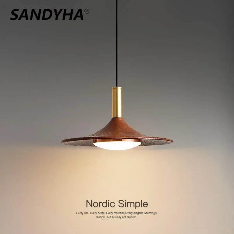 

SANDYHA Nordic Modern Ceiling Chandelier Flying Saucer Walnut Led Pendant Lamp Living Room Dining Bedroom Home Decor Lighting