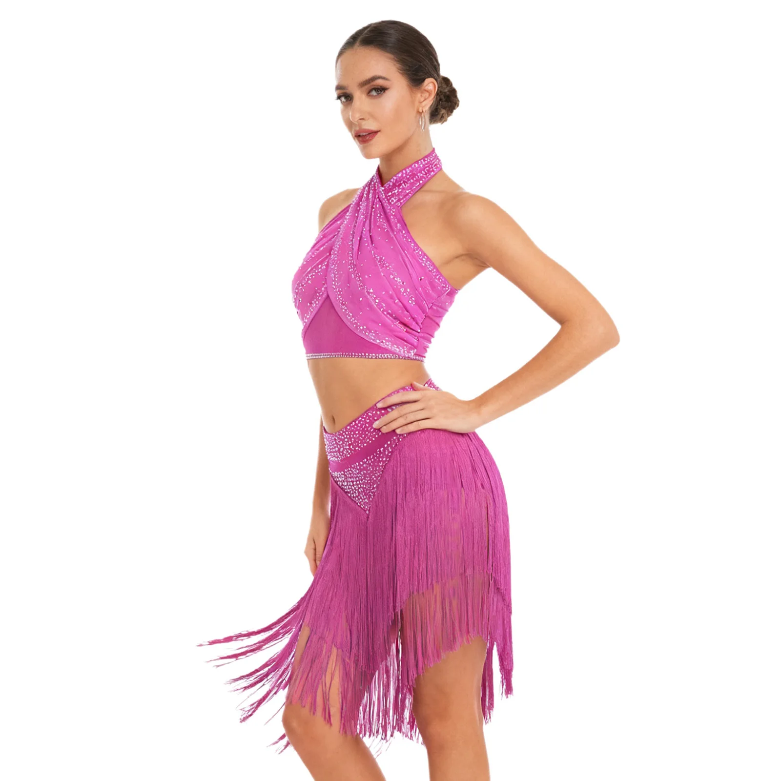

Женский наряд для латинских джазовых танцев, бальных танцев, ча-ча, сальсы, танго, самбы, румбы, блестящий укороченный топ с лямкой на шее и юбкой с кисточками, встроенные шорты