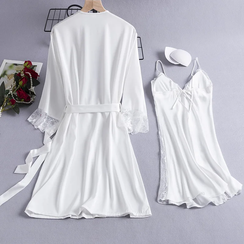 Bride White 2PCS Bathrobe Gown Set Summer Lace Kimono Robe Suit Sexy Women Sleepwear Nightgown Loungewear Satin Home Clothes