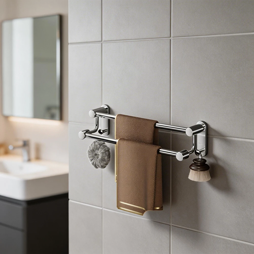 

Non-drilling Towel Rack Double Layer Bathroom Shower Bath Towel Holder Two Bars Hand Towel Holder Wall Mounted Stainless Steel