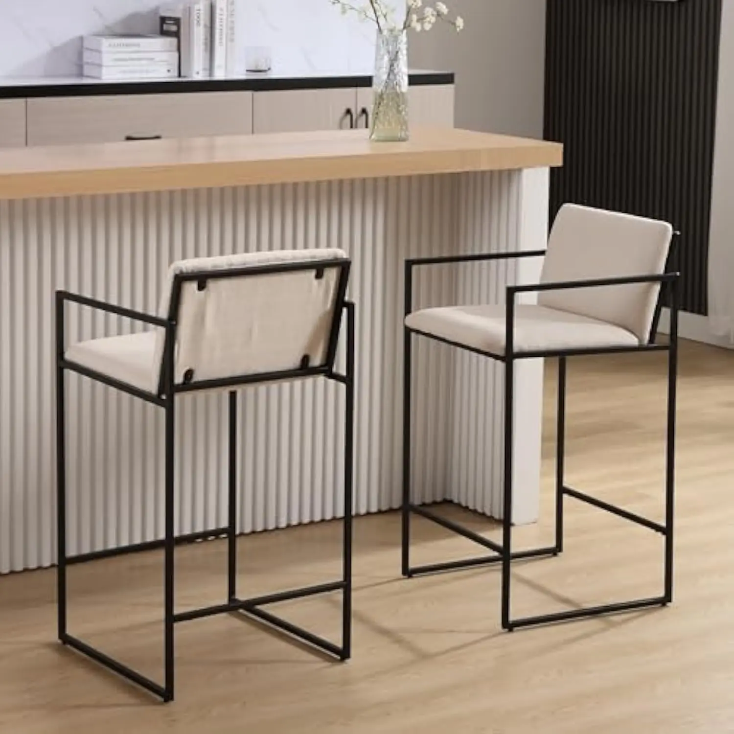 

25.5 H Counter Height Bar Stools Set of 2, Linen Counter Stools with Back Bar Chairs, Modern Upholstered Barstools for Kitchen