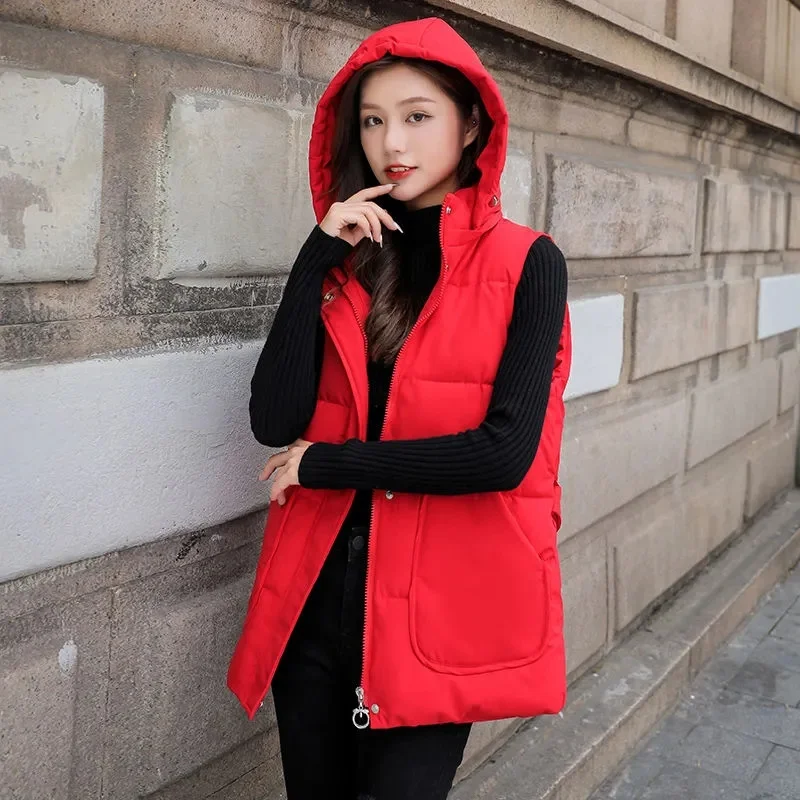 2024 New Winter Jacket Sleeveless Waistcoat Women Underwaist Coat Long Hooded Quilted Puffer Vest Female Warm Thicken Outerwear