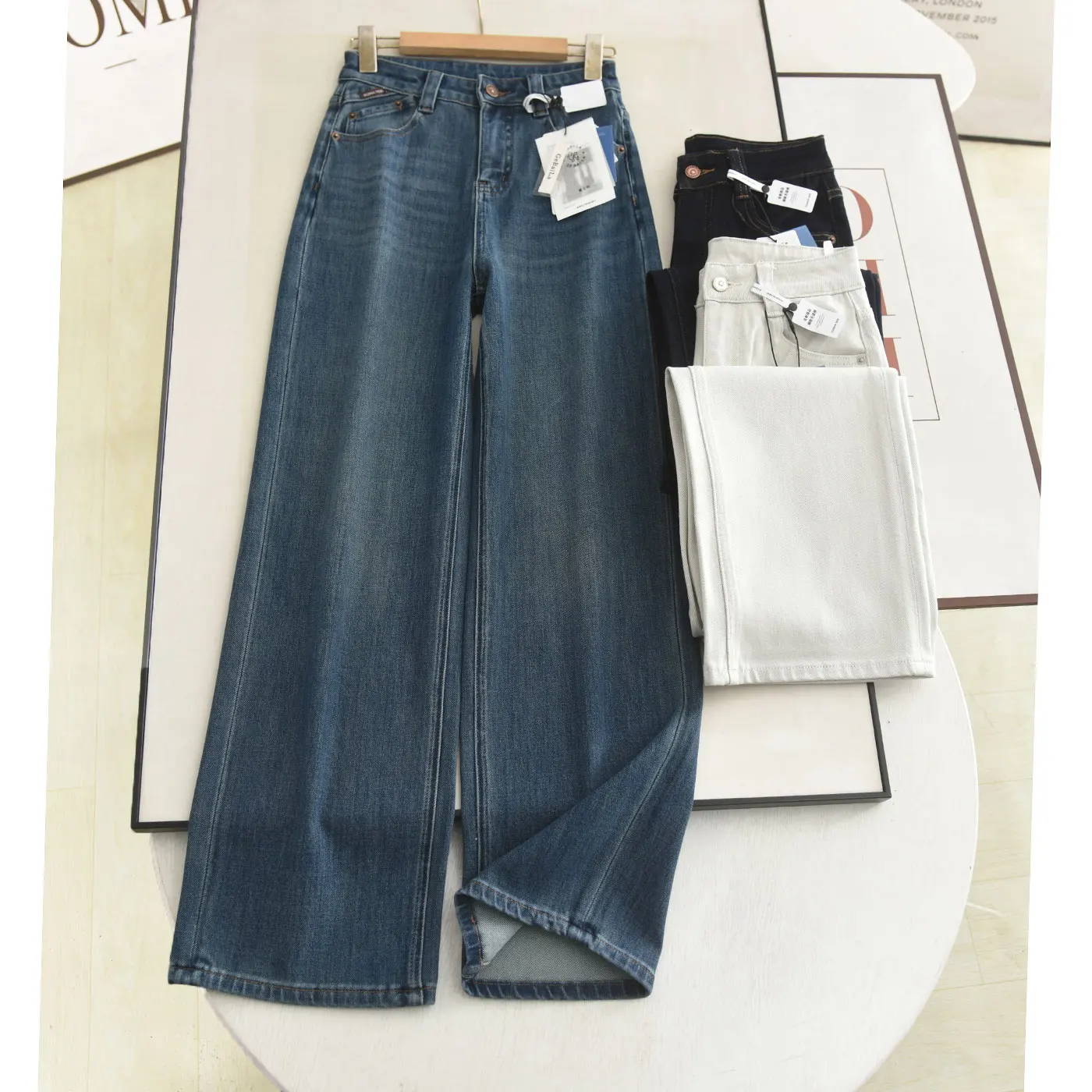 

High Waist Slim Fit Wide Leg Jeans Four Directional Stretch Straight Cut Denim Pants Elegant Drapey Ladies Spring Fashion