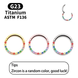 1 Pcs G23 Titanium 16 Grams Front Inlaid Rainbow CZ Hinge Spacing Ring Nose Ring Small Nasal Septum Cartilage Earrings Piercing