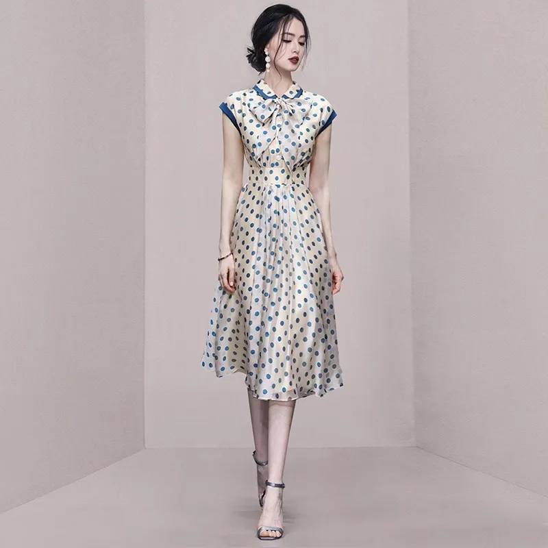 Hepburn Vintage Polka Dot Print Women Dresses Fashion Bowknot Summer Ladies Slim Waist Fold A-Line Mid Party Dress Femme