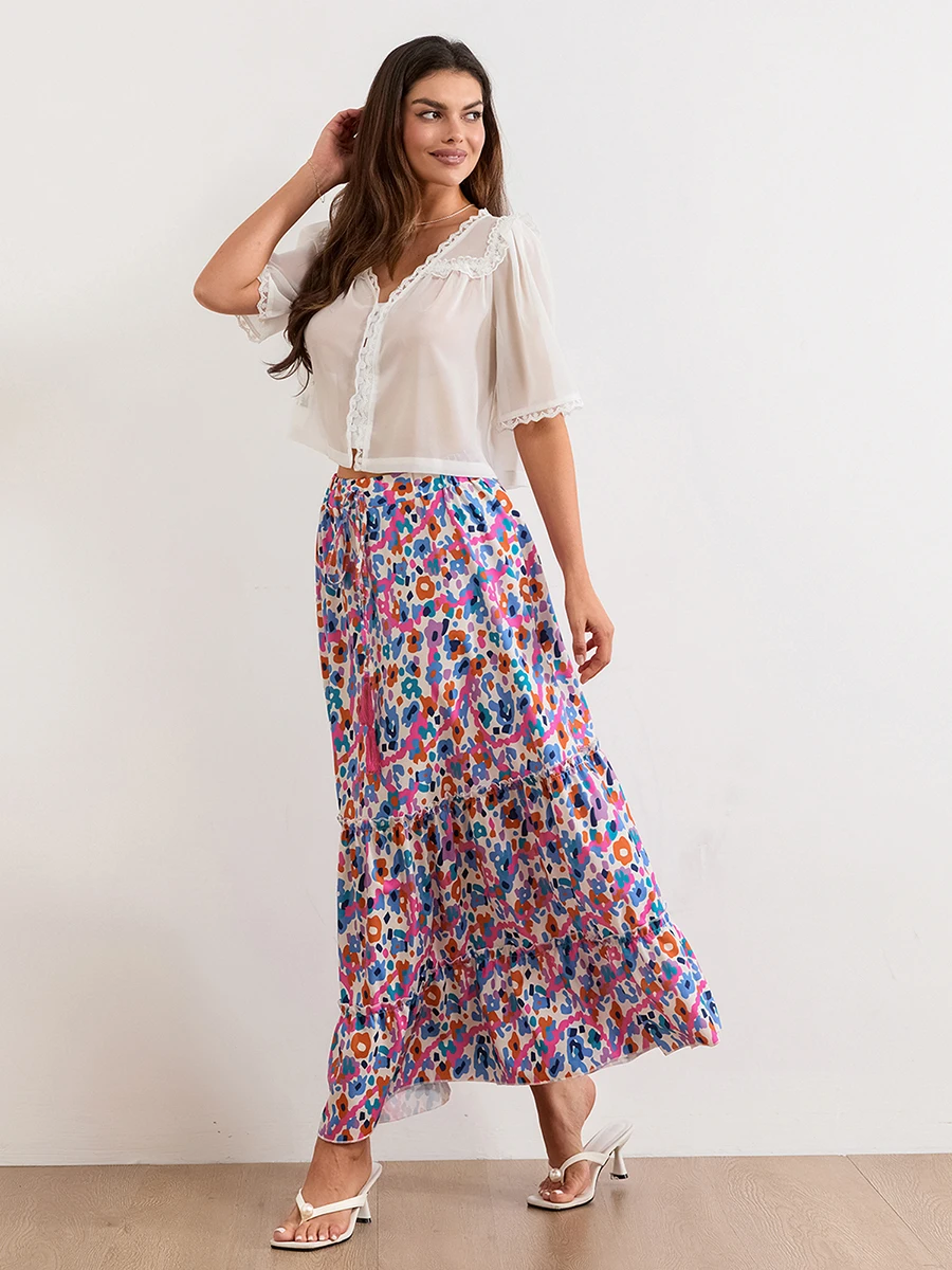 

New Women Flowy Floral Skirt Casual Summer Ruffled Hem Elastic Waist A-Line Skirt For Beach Vacation Club Streetwear S-XL