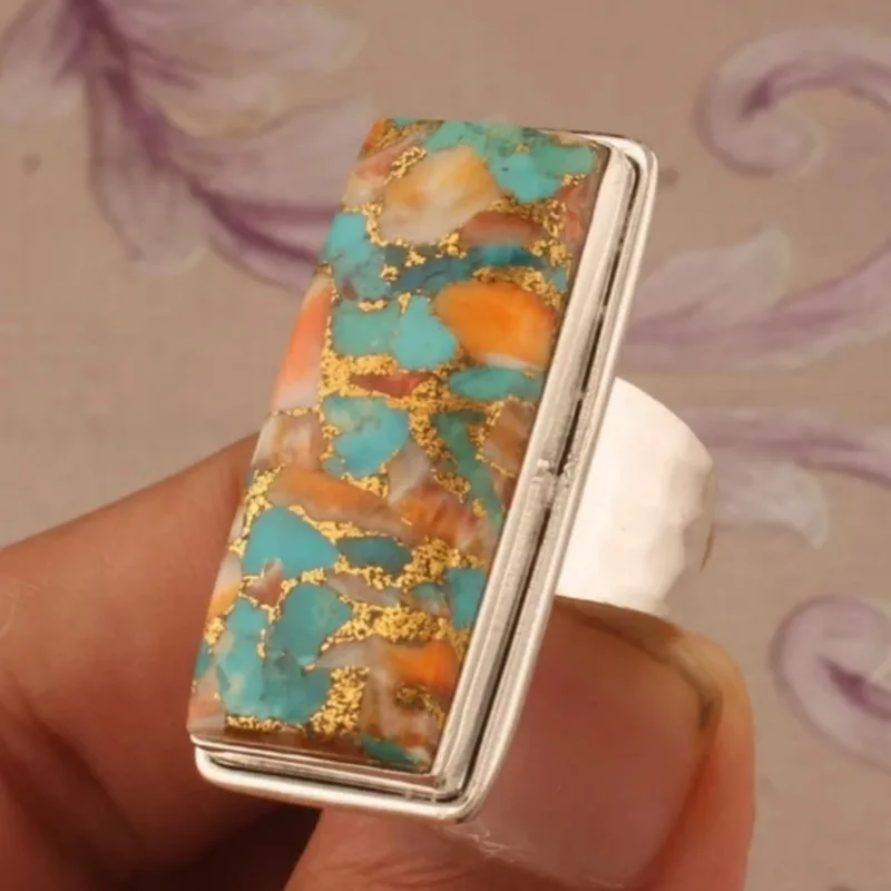 Ethnischer, mit mehrfarbigen Steinen besetzter Damenring, Vintage-Stil, silberfarben, geometrisch, für den täglichen Gebrauch, Partyschmuck, Jubiläumsgeschenk