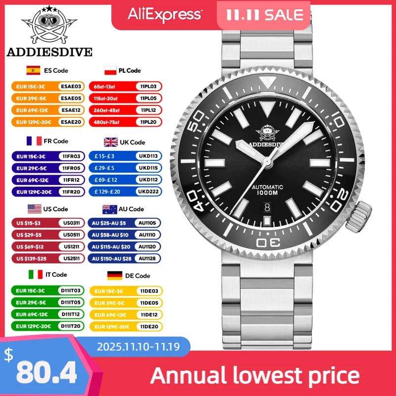 Addiesdive 8215 Automatische Mechanische Horloges 1000 M Waterdicht Duikhorloge Saffierglas BGW9 Lichtgevende Keramische Bezel Mannen Horloge