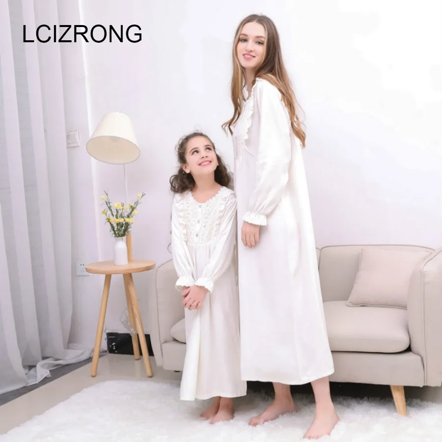 Lace Cotton Women Family Clothing Mom Daughter Loose Nightgown XXL Oversized Lolita Mid-Calf Bath Robe Girl Matching Outfits