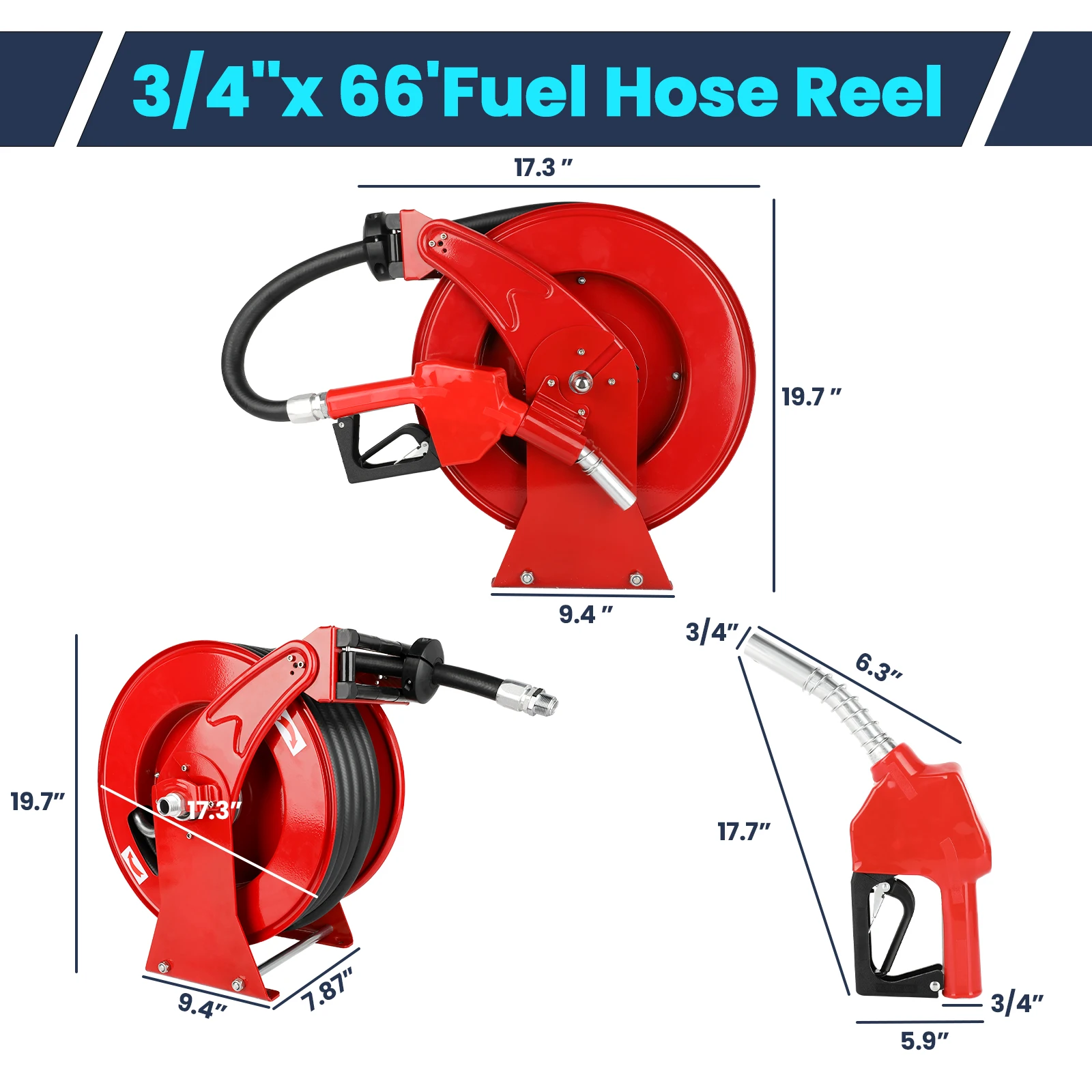 Retractable Diesel Fuel Hose Reel 3/4 inch x 66ft Spring Driven Auto Swivel Rewind Hose Holder Reel with Fueling Nozzle, 300PSI