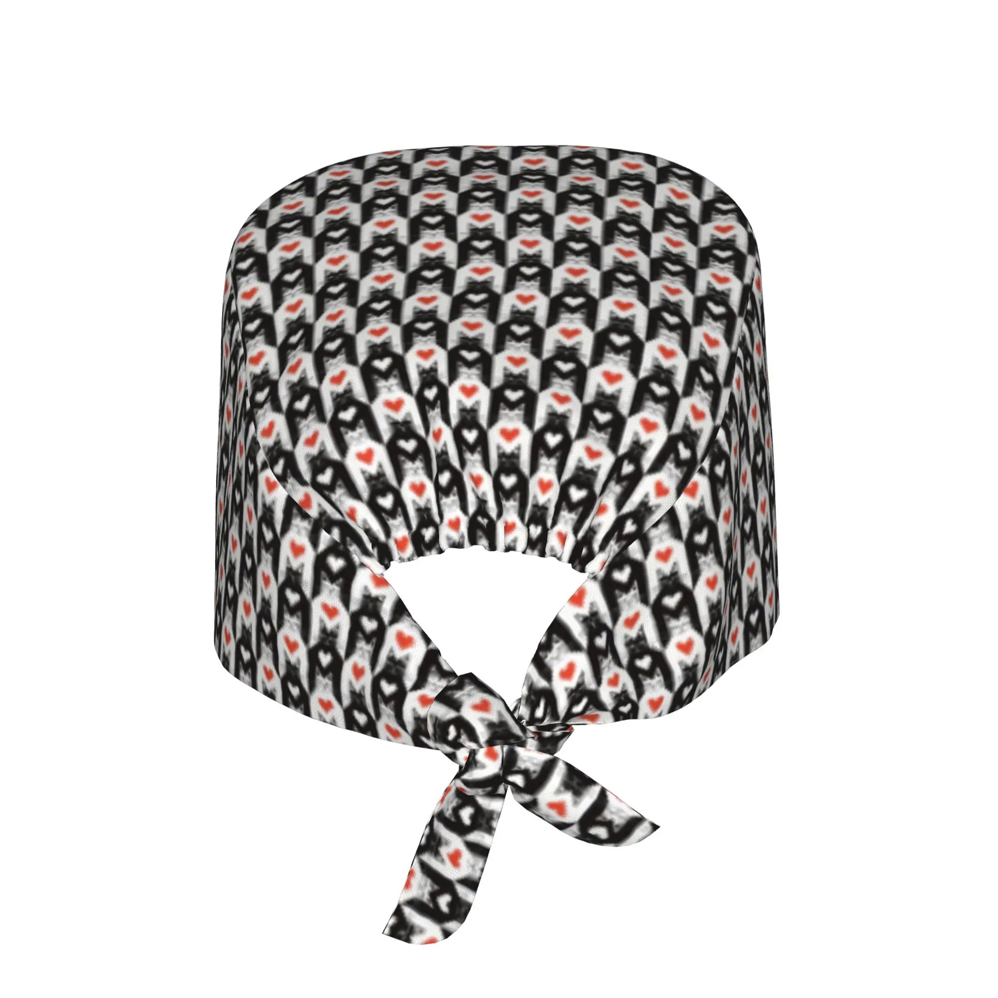 Funny Black And White seamless Cat and hearts  Working Cap Surgical Hats Men Women  Operating Room Cap Nursing Cap Lab Works Hat
