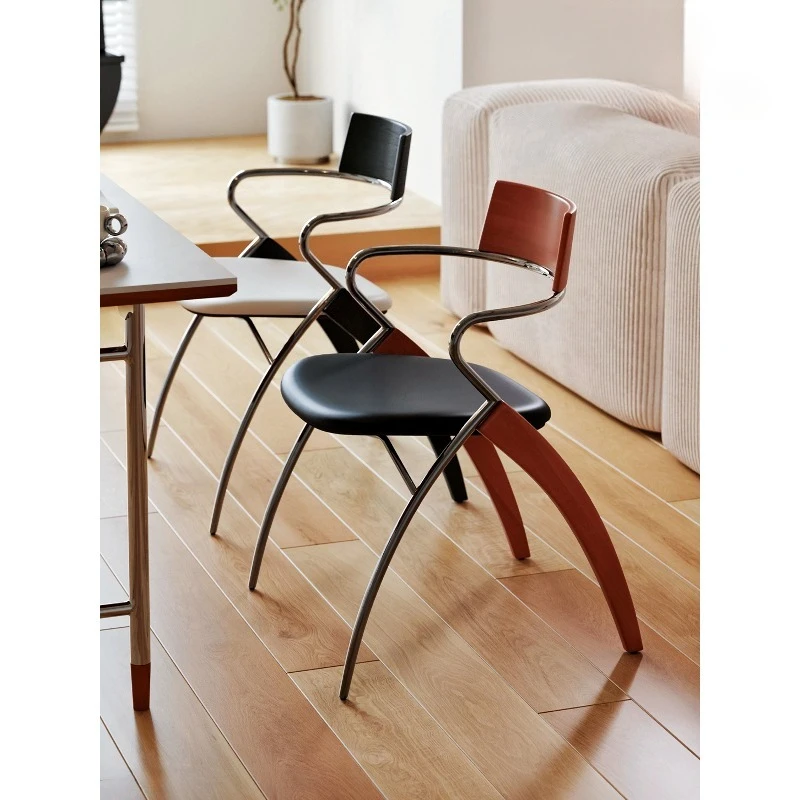 

Medieval Designer Stainless Steel Dining Chair Vintage Home Solid Wood Backrest Cafe with Armrest Chair