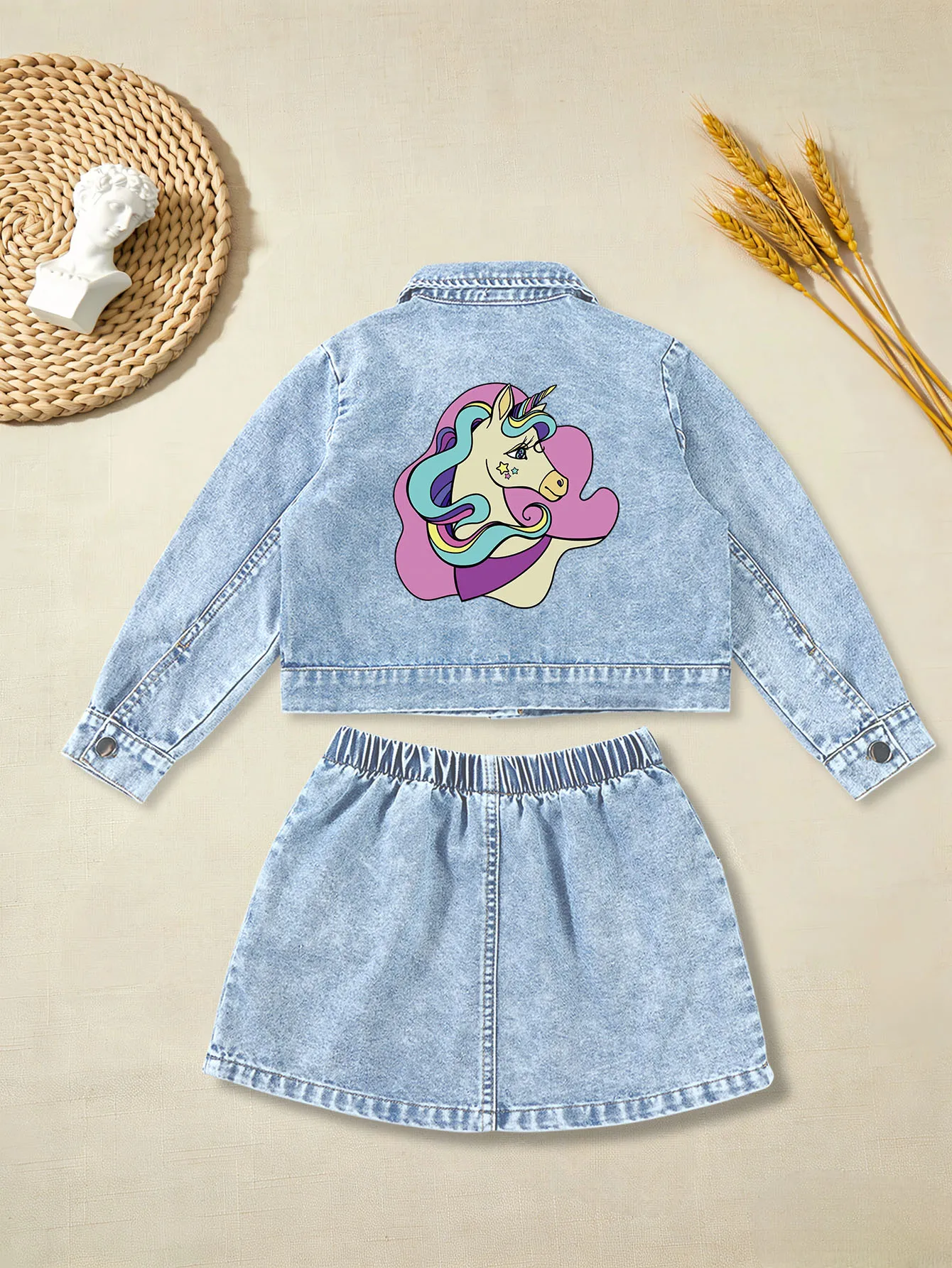 2 pieces: Girls' Summer Sweet Cute Denim Dress Set with Cartoon Unicorn Prints