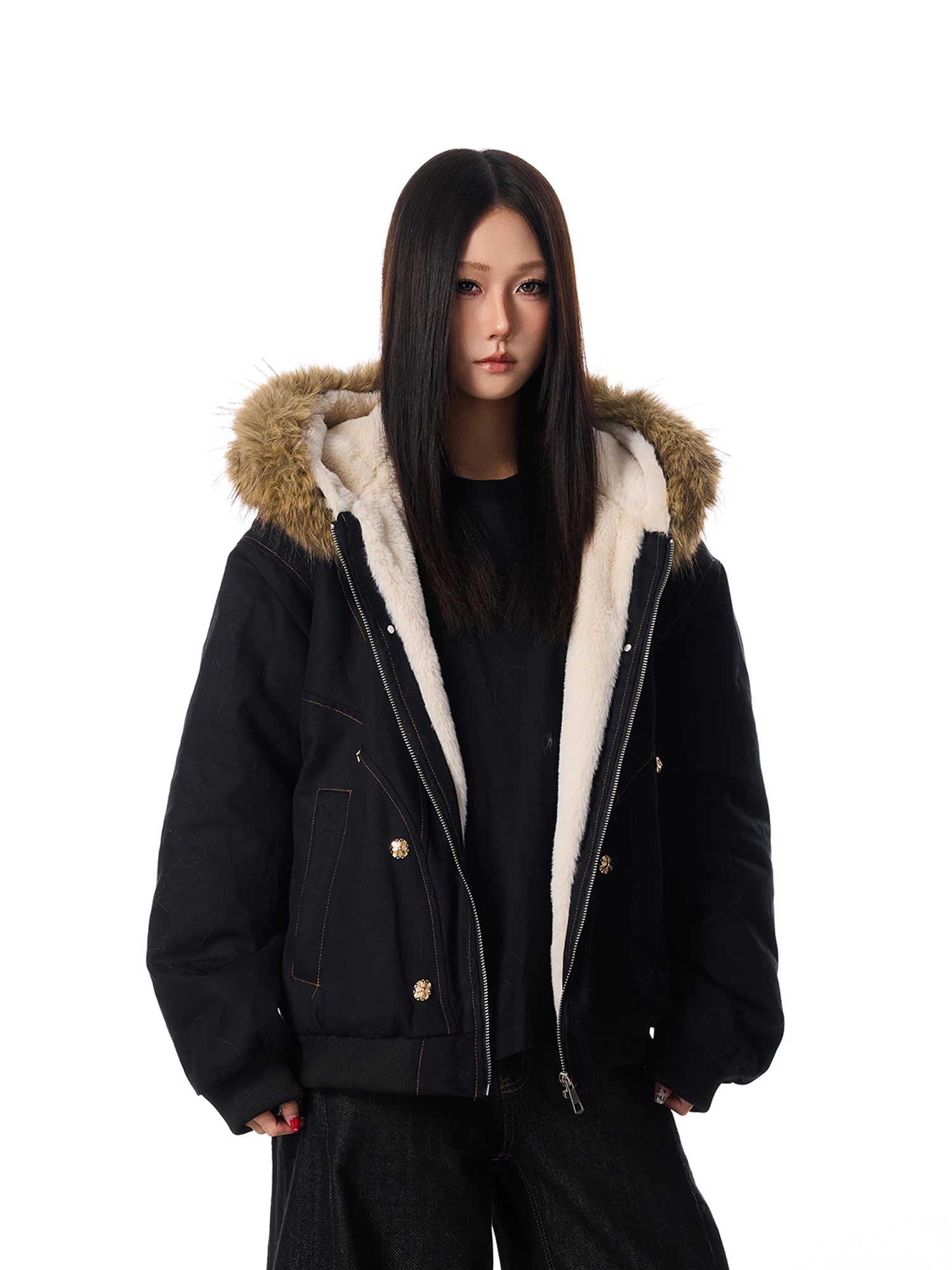 

SREK Thiened Cotton Jaet with Fur Collar ex Street Sle ort Loose Fit Winter Coat for Couples Mountain Eagle Print