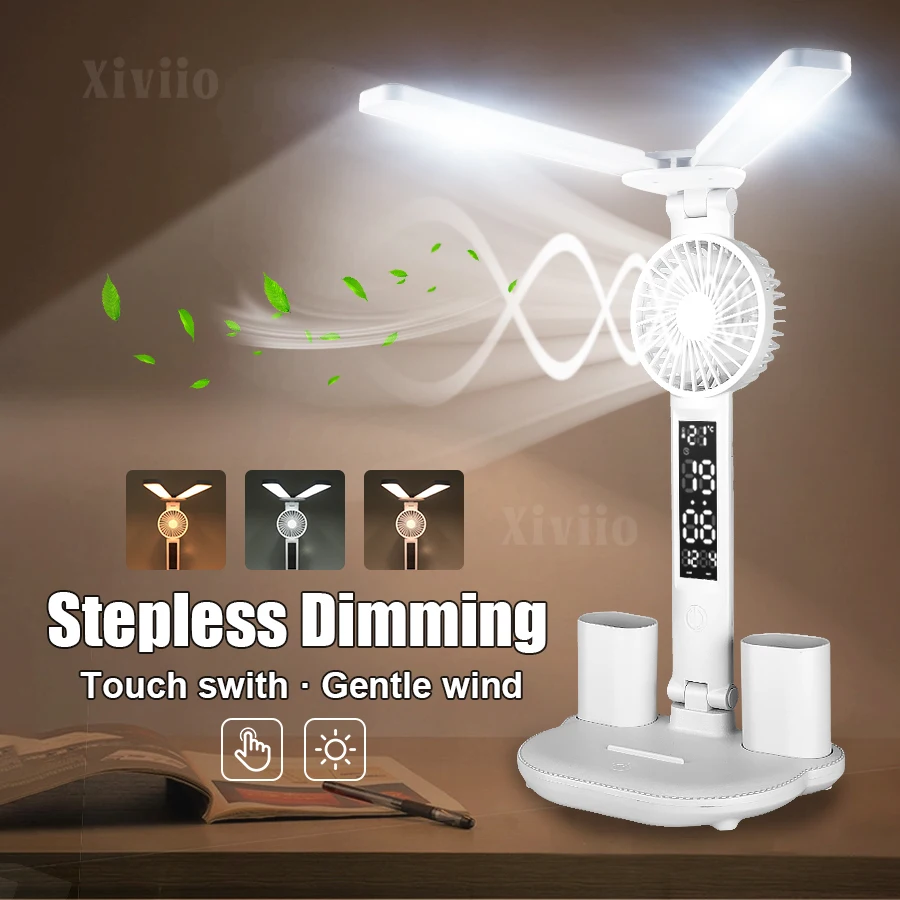 

Светодиодная многофункциональная настольная лампа для защиты глаз, умная лампа для учебы, настольная лампа для чтения в общежитии, USB-перезаряжаемая лампа-вентилятор для спальни