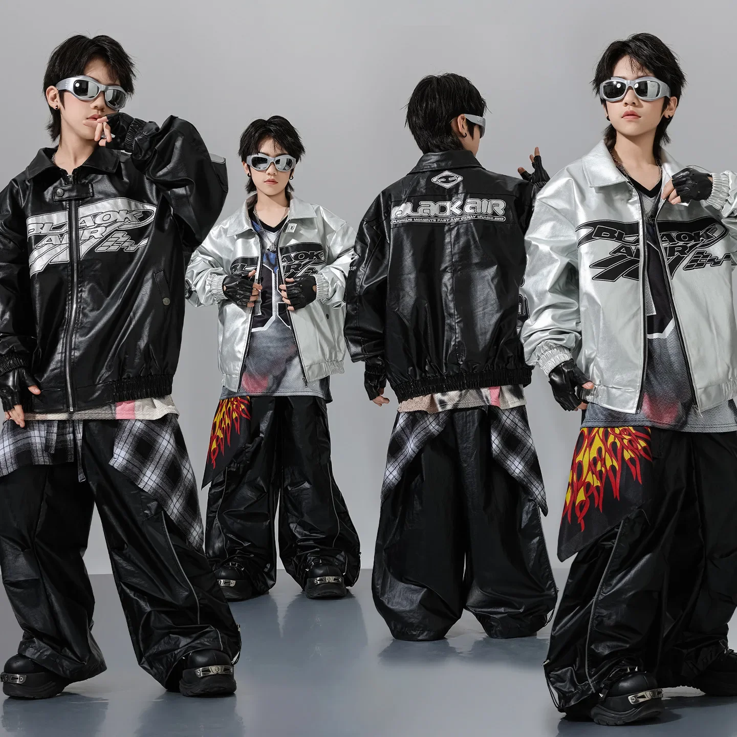 Children Hip Hop Jazz Streetwear Fashion Show Performance Clothes Boys Gilrs Leather Jacket Pant Sets Costume Kids Tracksuits