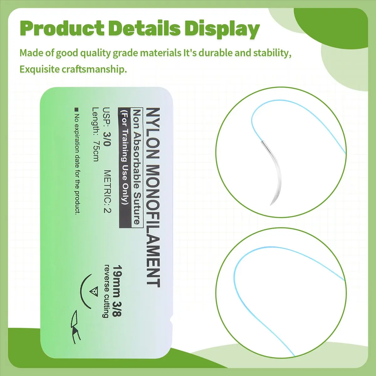 Y17A 12 Pcs/Set Needle Suture Nylon Monofilament Thread 3/0