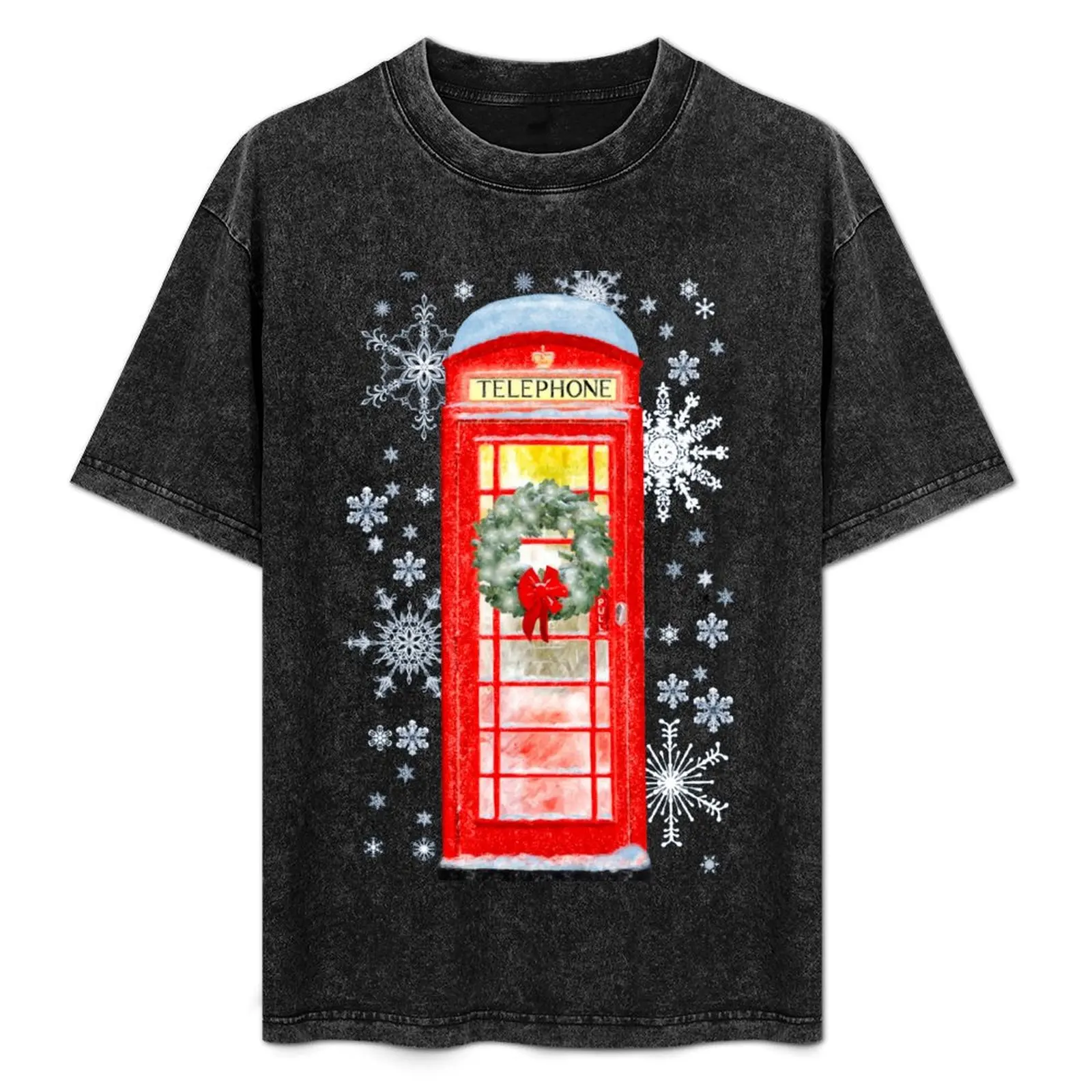 

British Red Telephone Box In Falling Christmas Snow T-Shirt Soft Casual Short Sleeve Cotton Tee