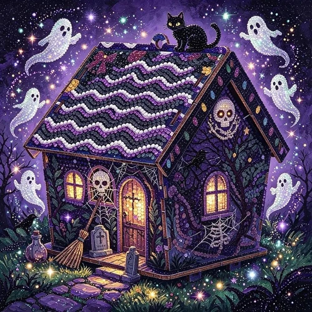 3D Wooden House Halloween Rhinestone Painting Kit Cute Ghost Pumpkin Pattern DIY Craft Kit Pearl Art Spooky Handmade Craft Set