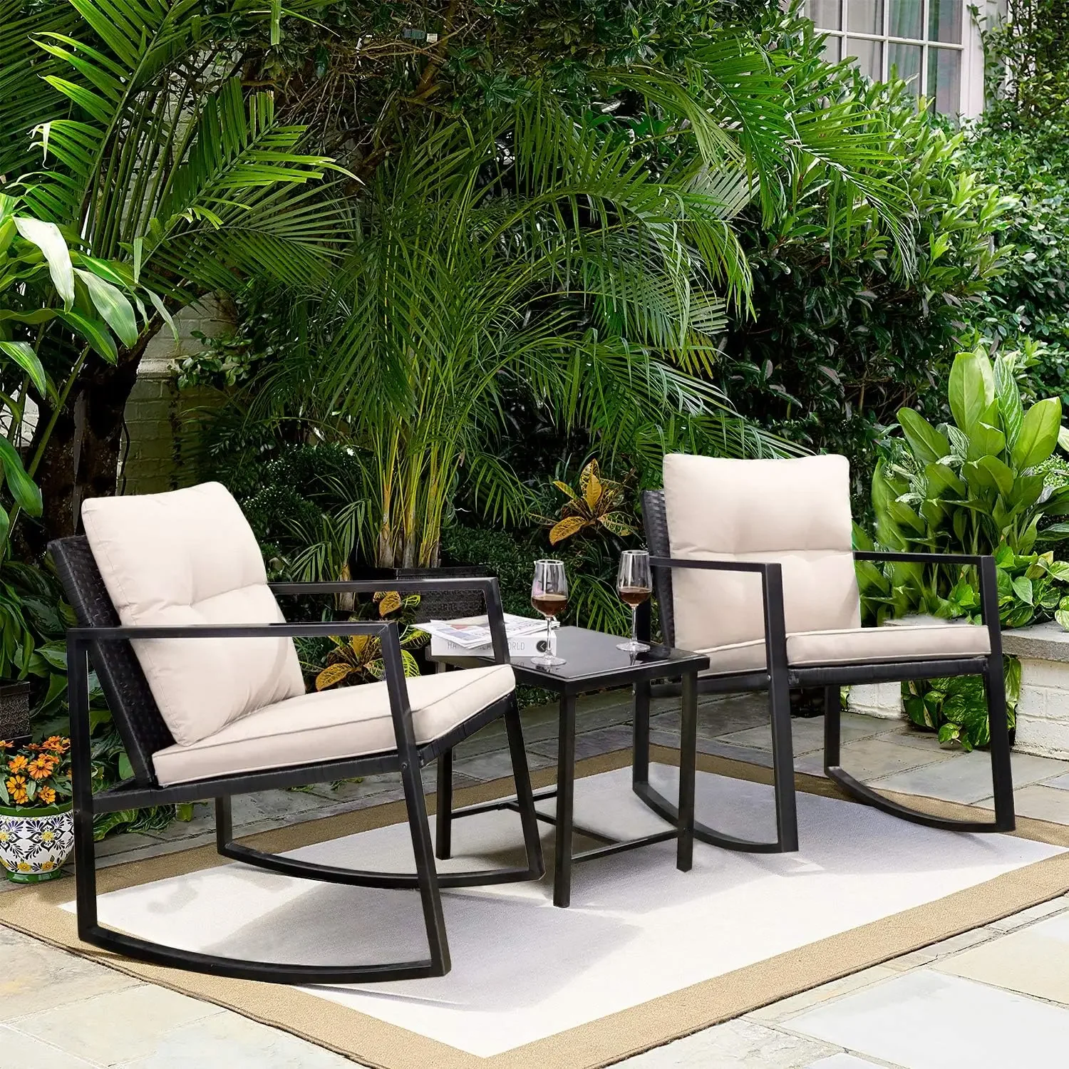 

Customizable 3 Pieces Rocking Wicker Bistro Set, Patio Outdoor Furniture Conversation Sets with Porch Chairs and Glass Coffee