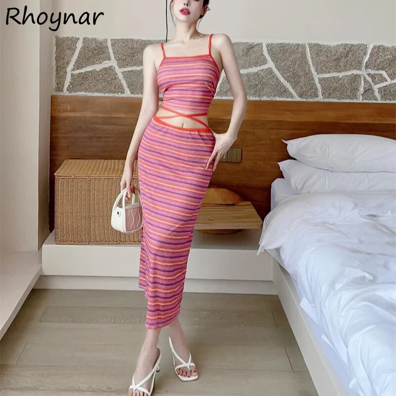 Sleeveless Sets Women Summer Hotsweet Girls Vacation Striped Temperament Retro High Waist Hip-covering Ulzzang Casual Daily Chic