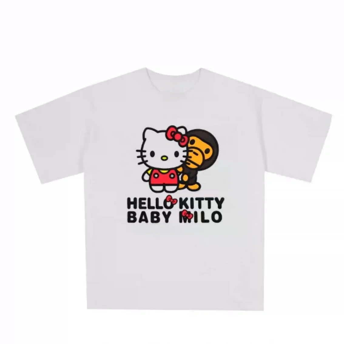 

Летняя футболка 2026 года с принтом Hello Kitty "Double Cute Collaboration" из 100% хлопка с коротким рукавом для мальчиков и девочек в стиле Y2K