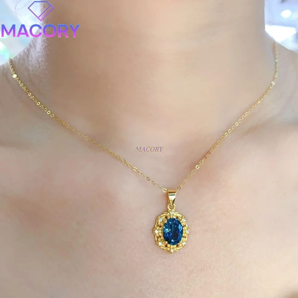 Natural London Blue Topaz Pendant Necklace S925 Sterling Silver Vintage Hollow Floral Jewelry Anniversary gift Birthday gift