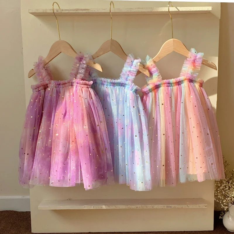 

Hot-Selling Star Moon Rainbow Mesh Girls' Dress Strap Children's Princess Dress Baby Beach Dress