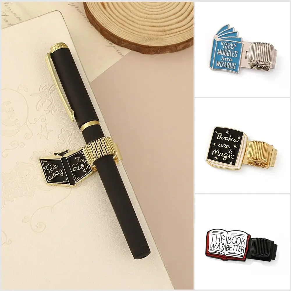 Portable Metal Pen Clip Elastic with Pen Loop Pen Holder Book Shaped Bookmark Stationery Accessory