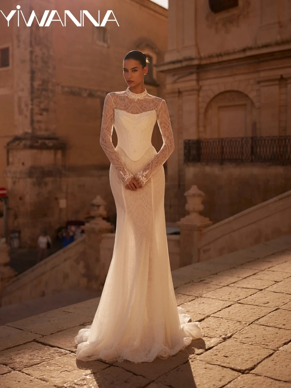 

Dreamy Beaded Lace With Corset Wedding Dress Illusion High Collar Long Sleeve Bridal Gown Customized Charming Dresses For Bride