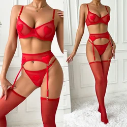 Krasapt Red Heart Patchwork Lingerie 4Pcs Set Sexy Mesh See-through Bras And Panties Erotic Sets With Stocking Christmas Outfits