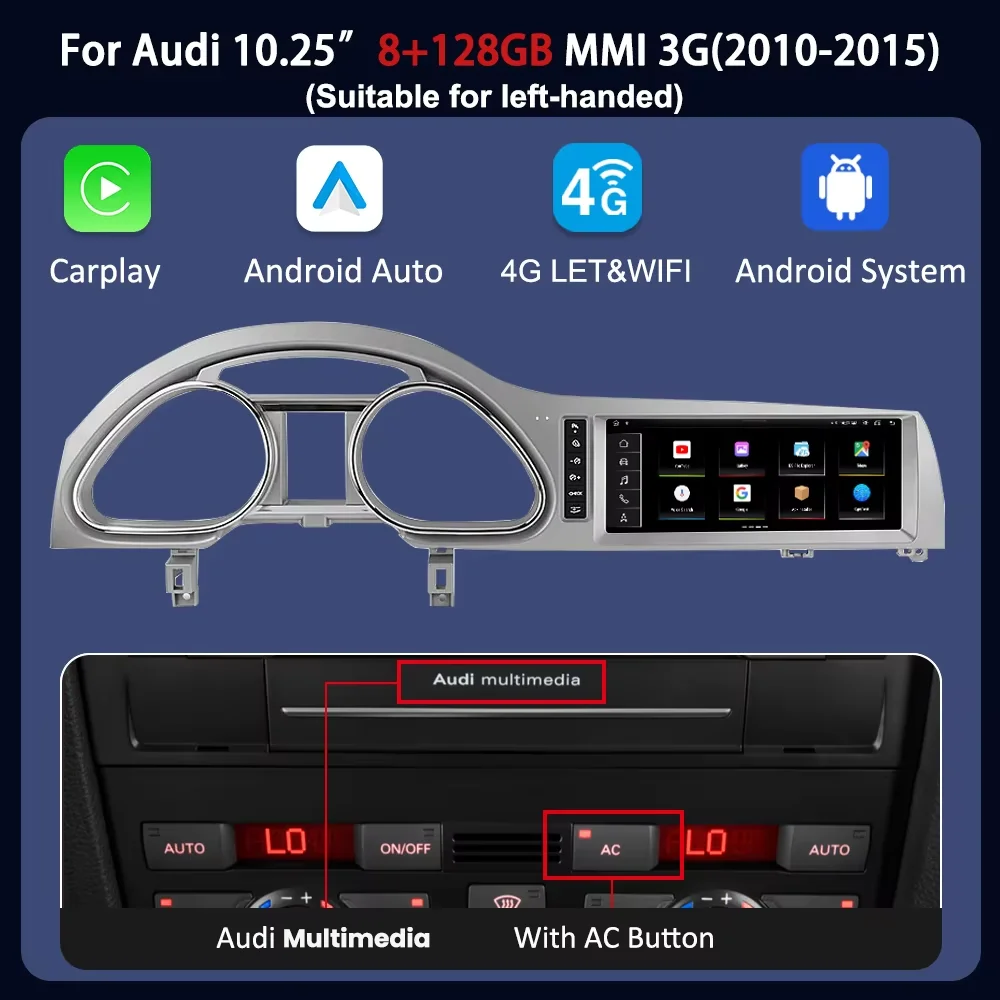 10.25“ Android 14 Draadloze CarPlay Andorid Auto Autoradio Multimedia Voor Audi Q7 4L 2005-2015 MMI 2G 3G GPS 4G WIFI Navigatie