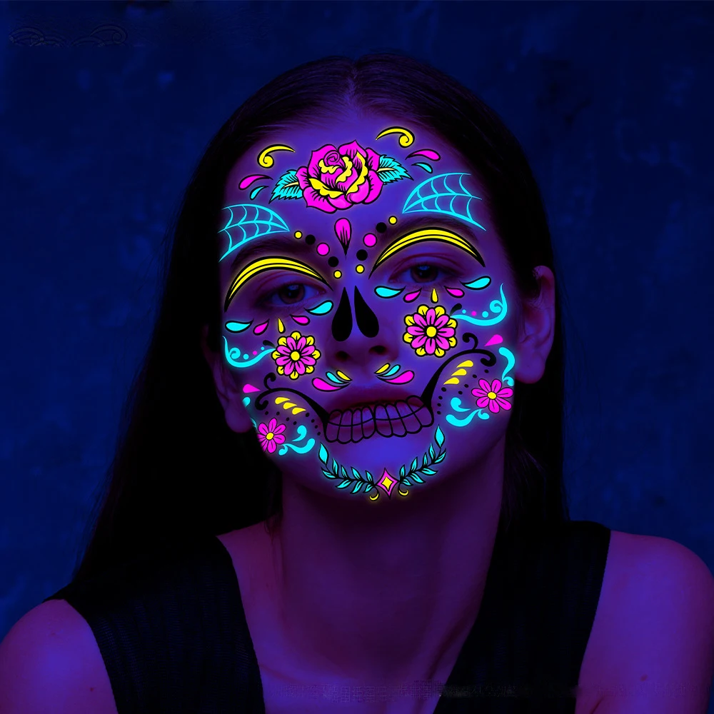 2022 Halloween Día de los muertos tatuaje temporal luminoso aterrador Festival de fantasmas calavera cara fiesta bola maquillaje pegatina tatuaje