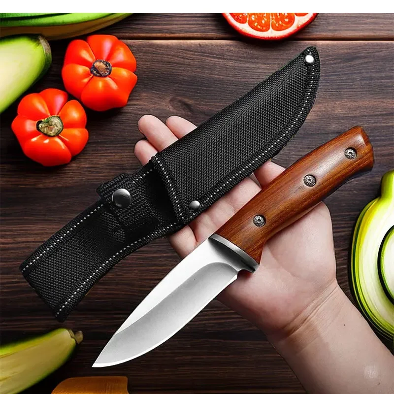 2024 imitation Damascus grain knife, high carbon stainless steel, solid wood handle, for outdoor camping hunting barbe