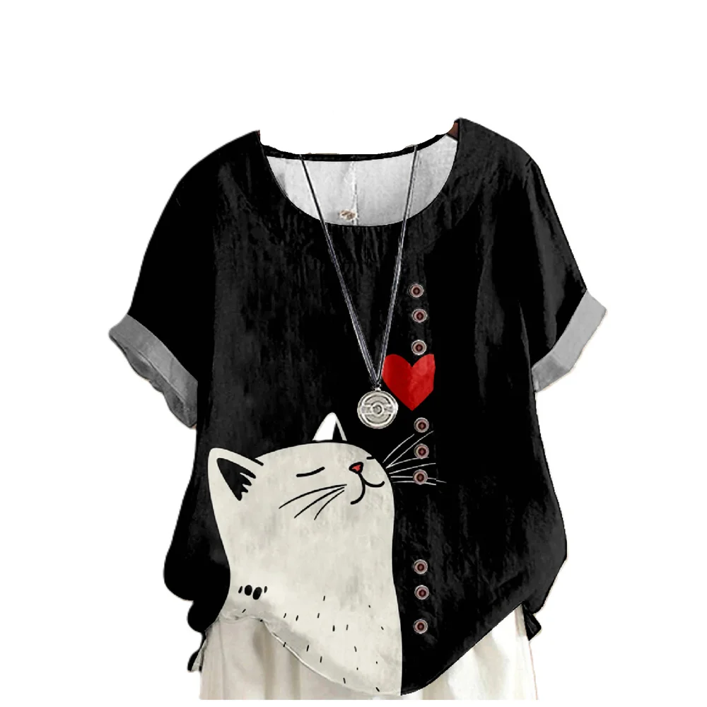 

Fashion Blouse Women's Black Cat Print Tshirts Linen Shirt Button Female Daily Short Sleeve Blouse Funny Pattern Female Clothing