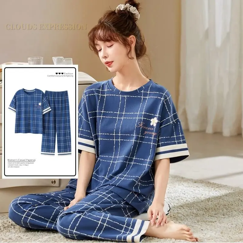 Summer Big 5XL Pajama Sets Short Sleeved Cartoon PJ Knitted Plaid Sleepwear Women\'s Pajamas Loungewear Home Pijama Mujer Fashion