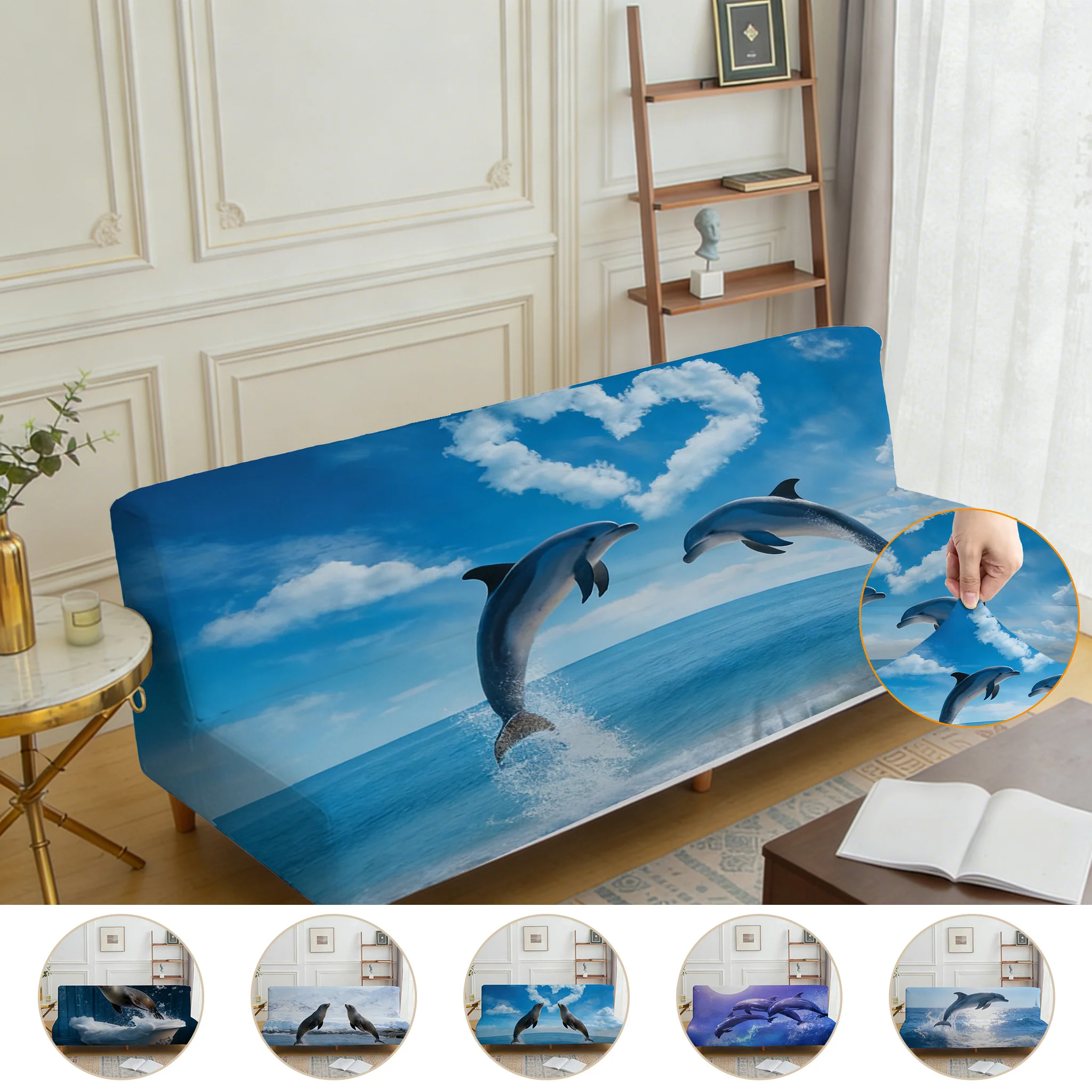 Armrest-free high-elastic sofa bed cover, cute sea lion dolphin pattern, dust-proof machine-washable sofa bed cover