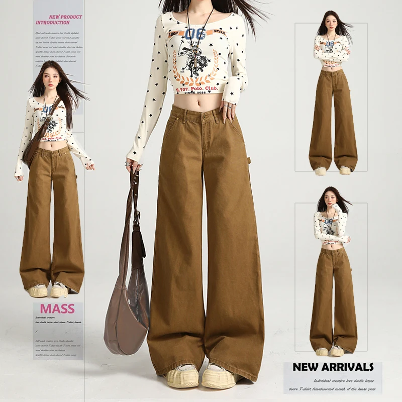 

High street style Y2K low rise jeans for women in 2025, casual and versatile new loose workwear straight leg wide leg pants
