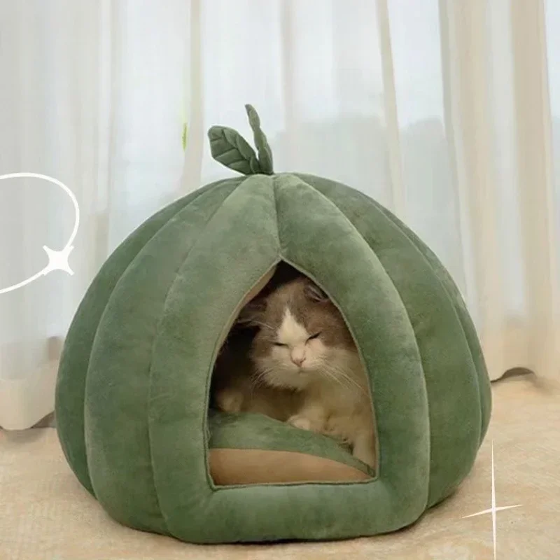 Green Leaf Style Pumpkin Cat Nest Winter Warm Semi-closed Three-dimensional Cat Bed Removable and Washable Pet Nest Cat Supplies