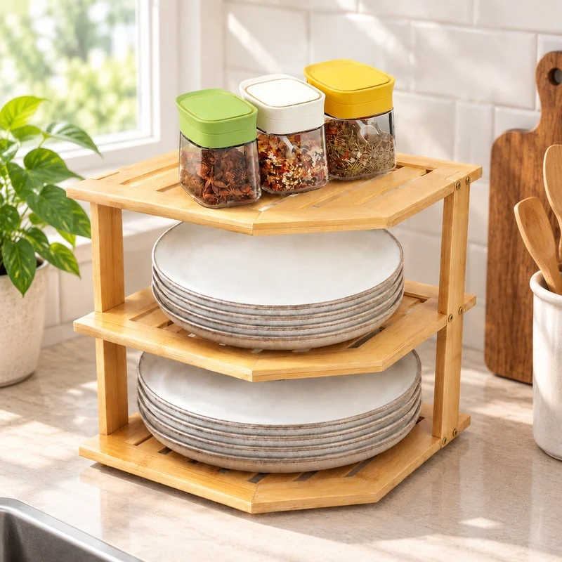 Durable Bamboo 3-Level Corner Rack for Organizing Kitchen Cabinets and Countertop Dishes