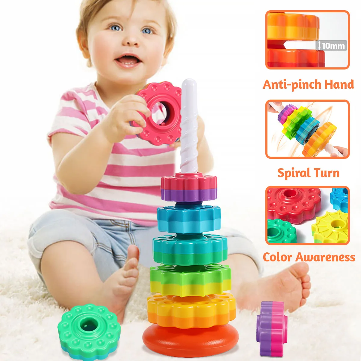 Montessori หมุน Rainbow Tower เด็กซ้อนปริศนาของเล่นความปลอดภัยและการคุ้มครองสิ่งแวดล้อมของเล่นเด็กสี