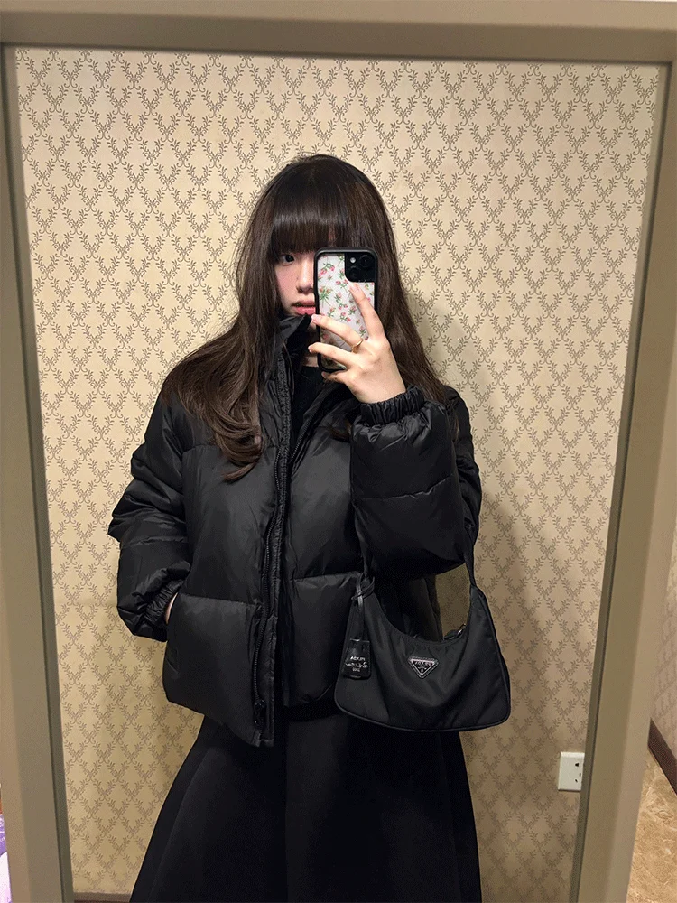 

Retro American Bla ort down Cotton Jaet Women's Winter Thi Warm Loose Outerwear Korean Sle Commute Pure Color