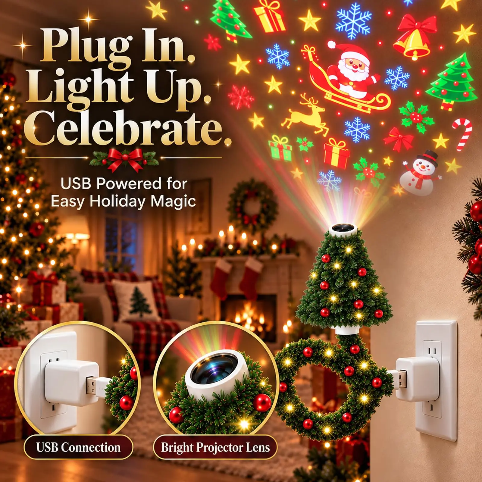 USB Christmas Tree Projector Light – 6 Festive Patterns, LED Holiday Night Light for Wall & Ceiling, Perfect Xmas Gift