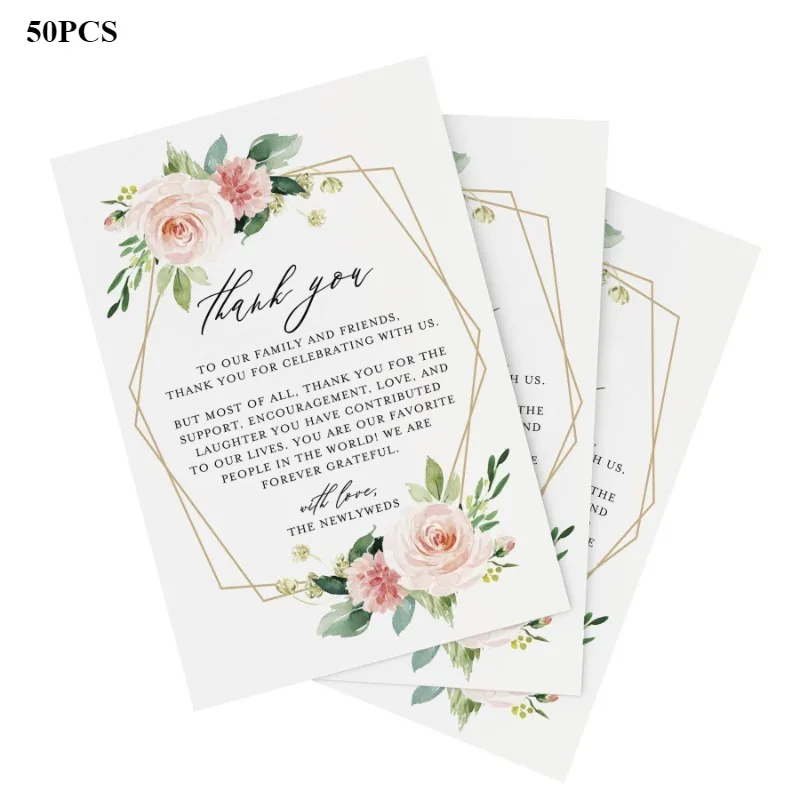 50 hojas por paquete, tarjetas de felicitación de boda con flores, tarjetas de mesa para eventos y banquetes, decoración de actividades de fiesta, tarjetas de agradecimiento de bendición