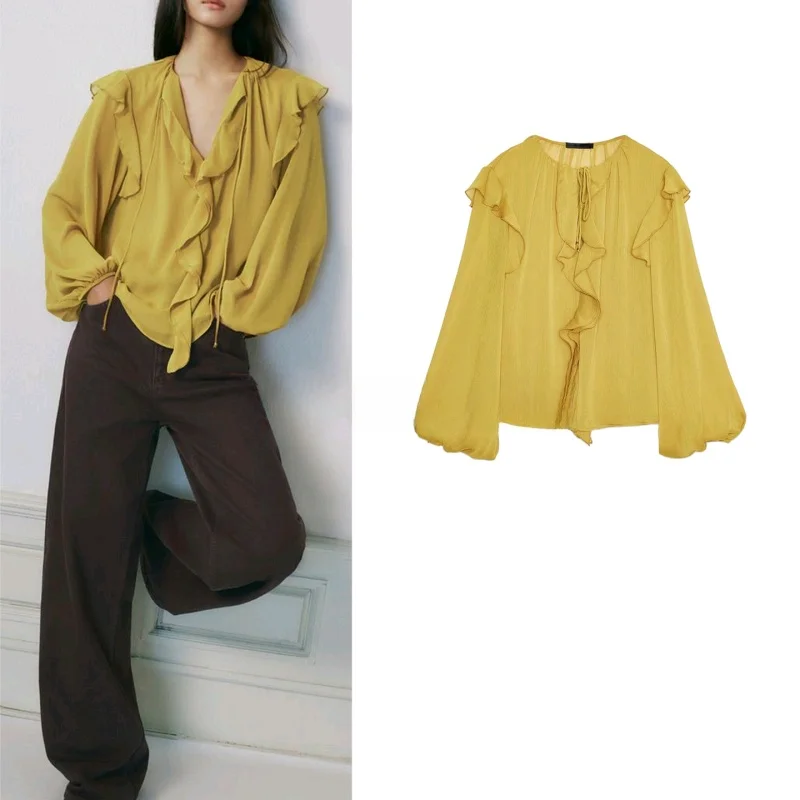 

New Autumn Women's Casual Sle Loose round Ne irt Knot Decorative Layered Design Cotton Polyester Blend Long S...