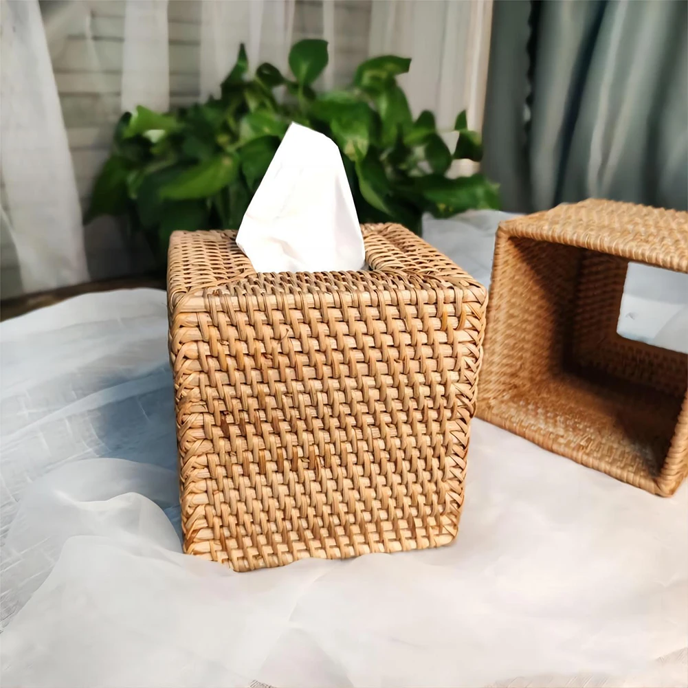 Square Rattan Wicker Woven Paper Storage Box Tissue Box Tissue Holder Napkin Cover Napkin Dispenser Desktop Decor 2024