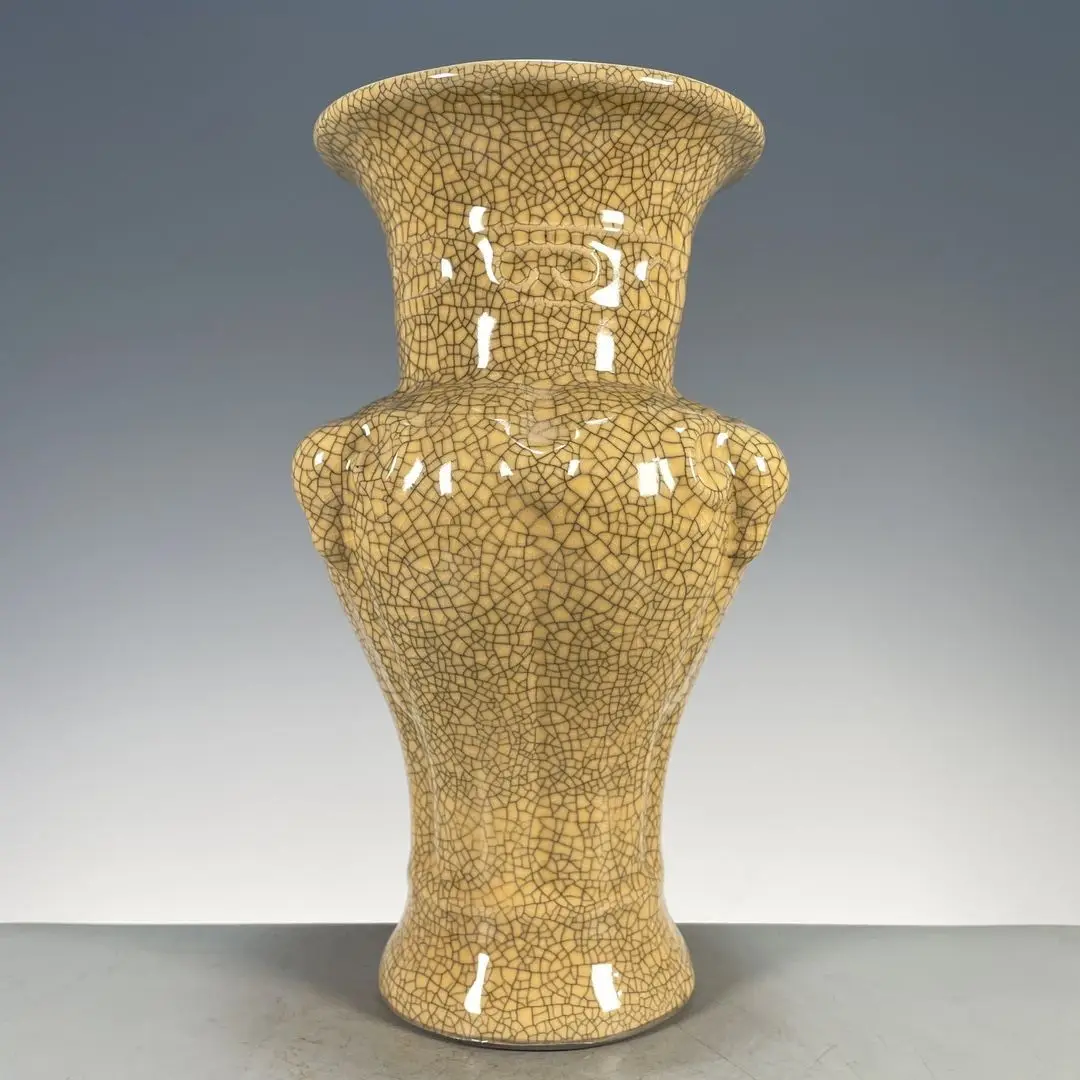 Ge Kiln Yellow Glaze Decorative Vase with Three Rams Auspicious Motif, Ceramic Display Ornament